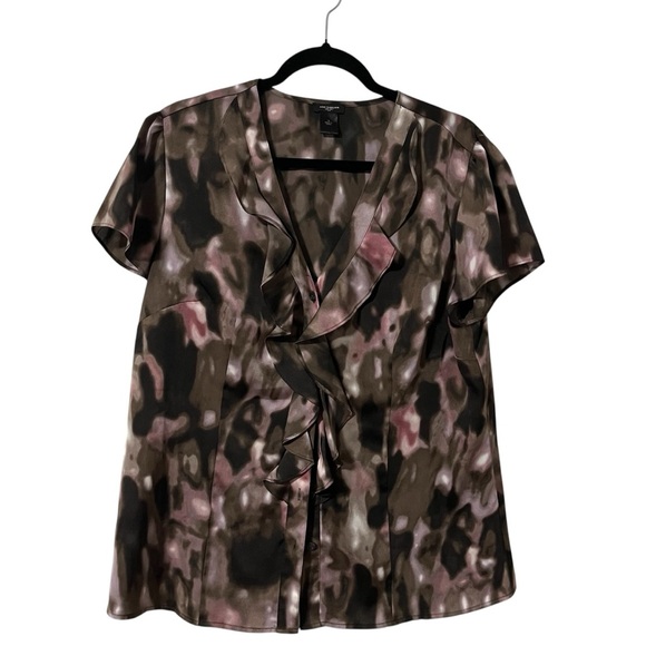 Ann Taylor Brown and Black button Blouse ruffles Plus Size 16 business casual - Picture 1 of 7